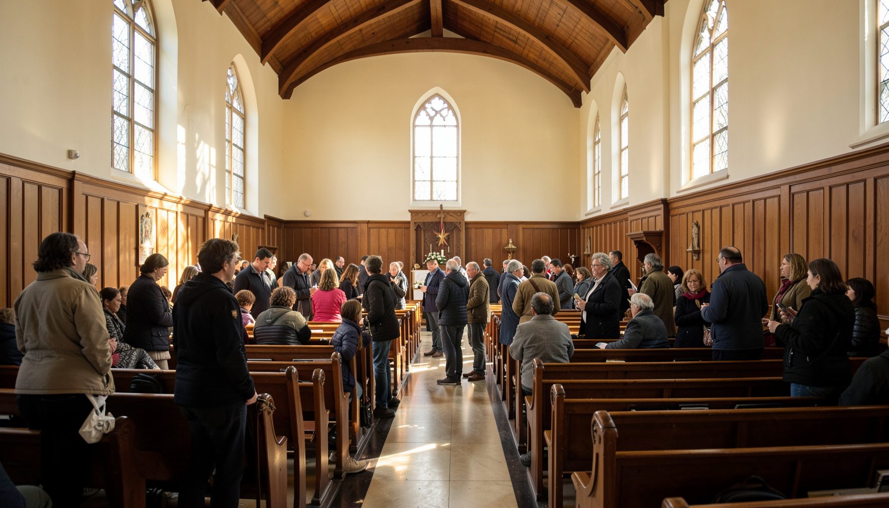 A wide sunlit church gathering space with people mingling after a service, warm natural light streaming through large windows, cream and gold tones giving a welcoming, community feel
