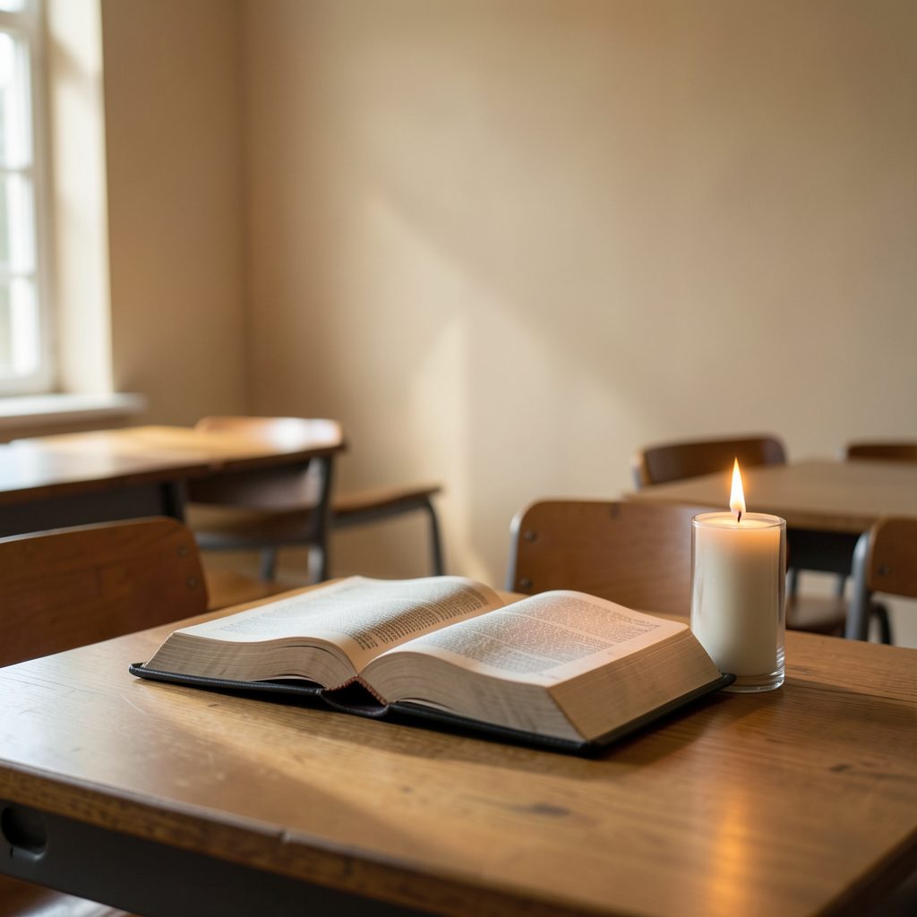 A softly lit classroom setting with a wooden table holding an open Bible and a lit candle, warm beige walls and gentle shadows creating a calm, reflective mood